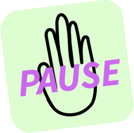 PAUSE mint hand icon with magenta lettering