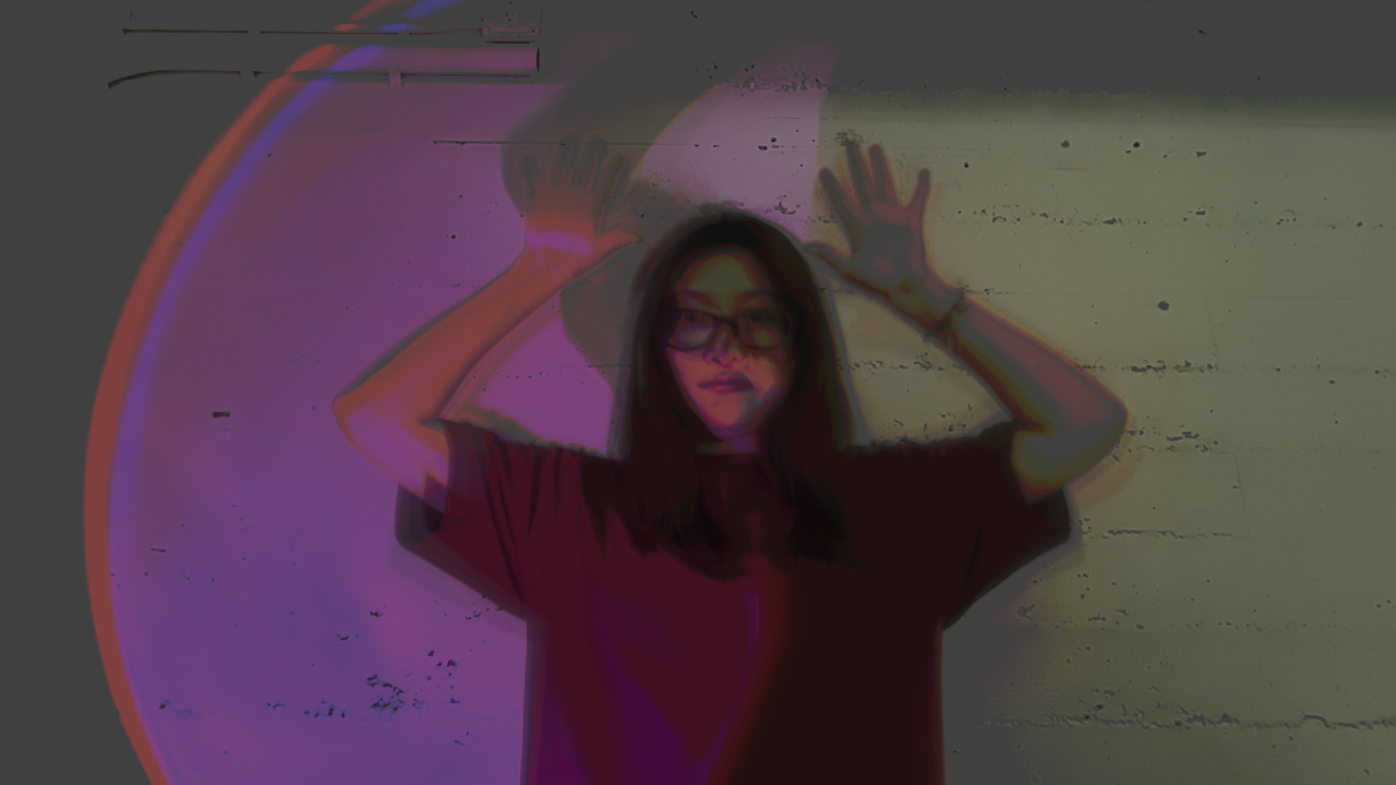 Portrait of Waiting output showing a visitor with raised hands and colored traces