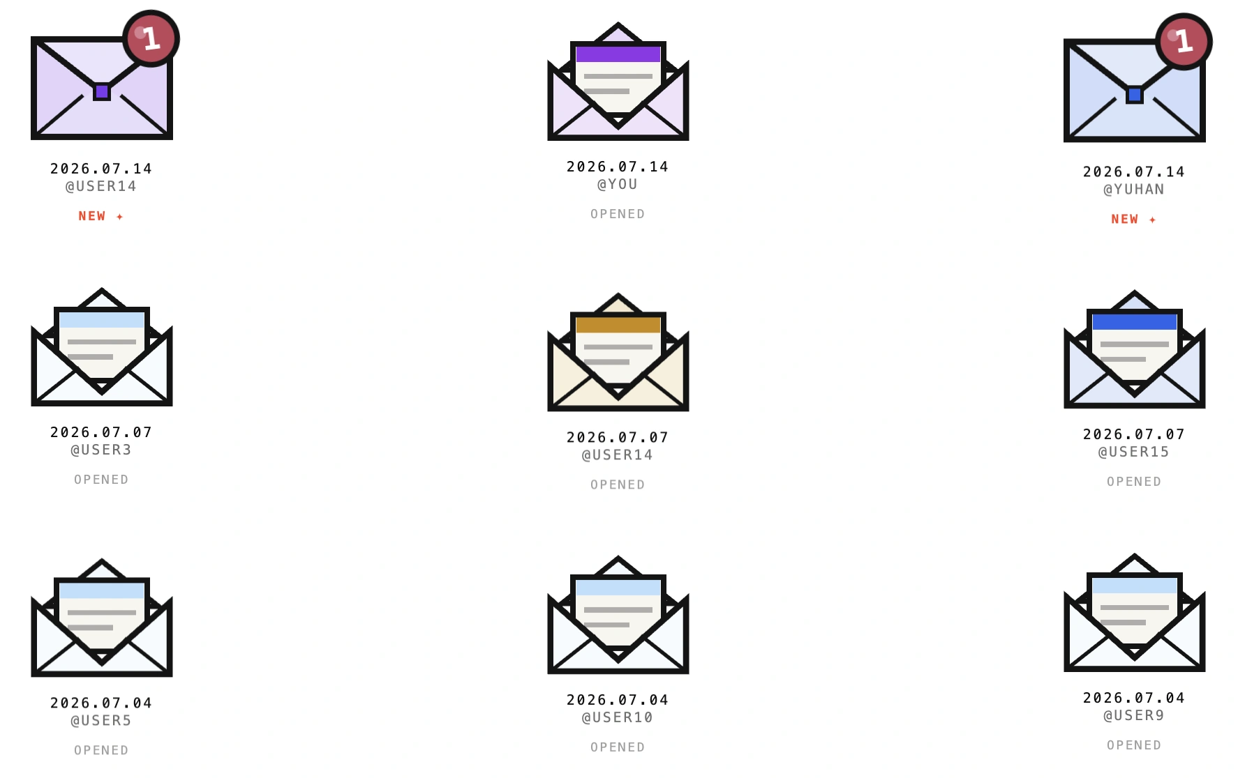 Tomorrow, Maybe archive showing new and opened letters, dates and sender names