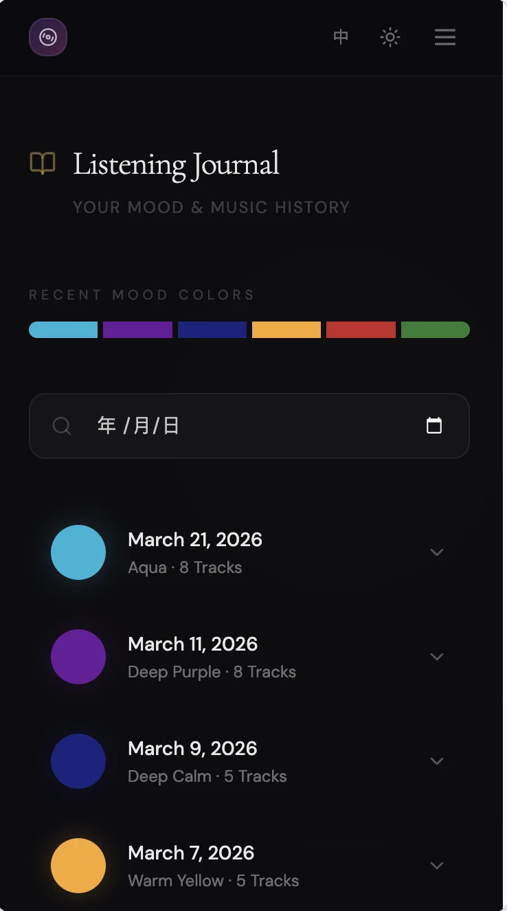 Color-coded listening journal overview