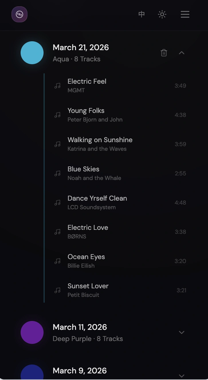 Expanded journal showing songs by date